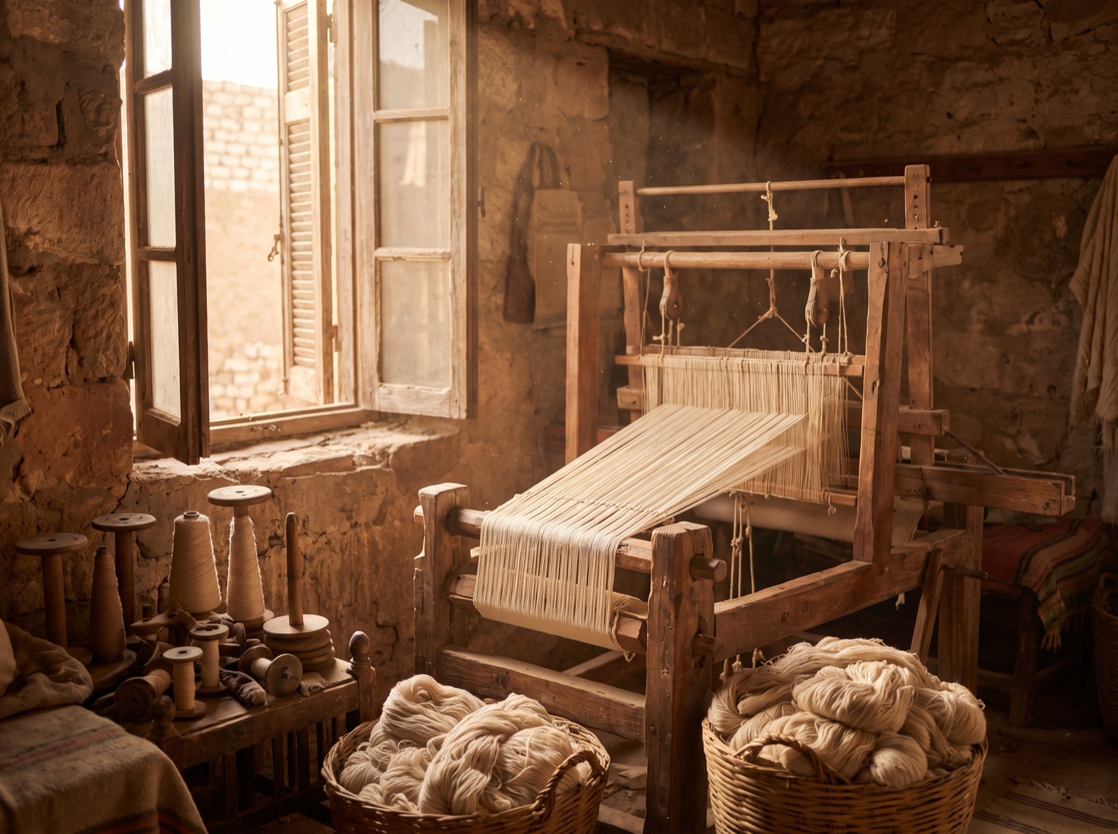 Traditional wooden weaving loom strung with cream cotton warp threads beside baskets of long-staple cotton yarn in a sunlit Nile Delta mill